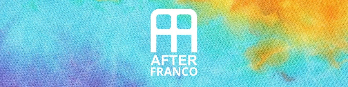 A square graphic with a colorful watercolor-style background in blue, purple, and orange, featuring a white stylized logo and the text 'AFTER FRANCO' centered on the right side.