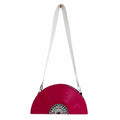 A bright pink vinyl record style shoulder bag with a white strap and a black and white circular graphic at the bottom center, shown against a plain white background.