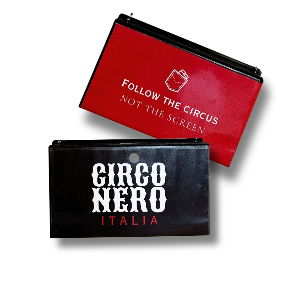 Two pouches with text 'Follow the Circus Not the Screen' and 'CircoNero Italia' on a dark background.