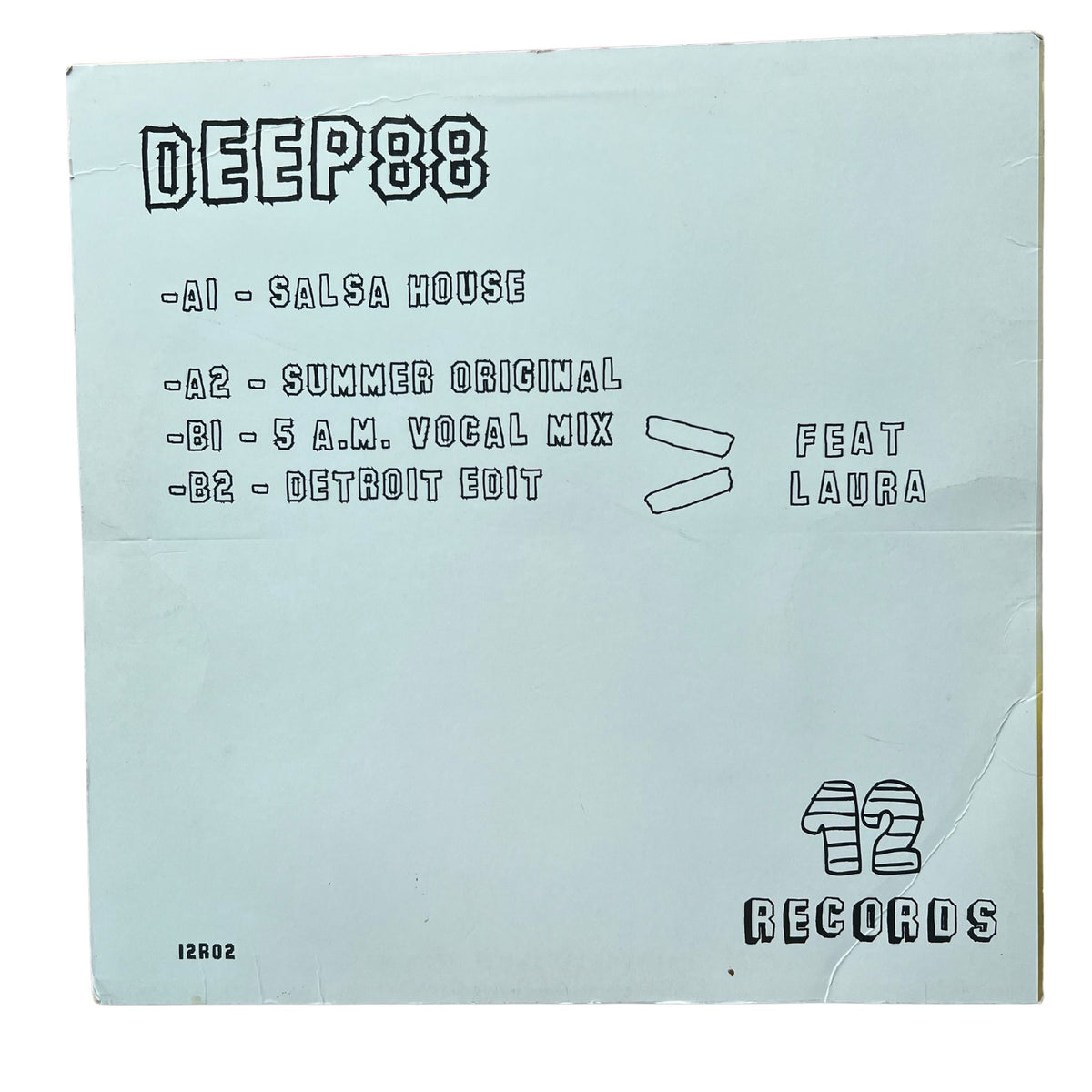 A square light blue vinyl record sleeve or booklet cover with black printed track listing text reading 'DEEP88' and artist/title details, plus a '12 RECORDS' logo at the bottom right.