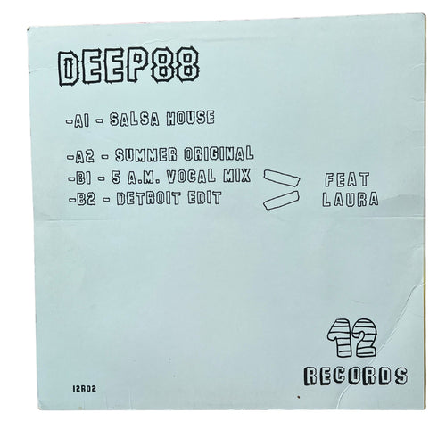 A square light blue vinyl record sleeve or booklet cover with black printed track listing text reading 'DEEP88' and artist/title details, plus a '12 RECORDS' logo at the bottom right.