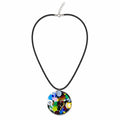A black cord necklace with a round, colorful glass millefiori pendant on a white background. Silvia Tolomei best handmade jewelry in Tuscany. Tuscany jewelry. Tuscan jewelry. Populonia best store to visit. Things to do in populonia. 