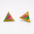 Two triangular gold glitter stud earrings with colorful marbled resin designs in red, green, pink, and white, displayed on a clean white background. Silvia Tolomei best handmade jewelry in Tuscany. Tuscany jewelry. Tuscan jewelry. Populonia best store to visit. Things to do in populonia. 