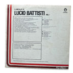 The back cover of a vintage vinyl record sleeve for 'Il Meglio di Lucio Battisti Vol.1' on the Linearetri label, showing track listings and catalog details on a light gray background with red and black borders.