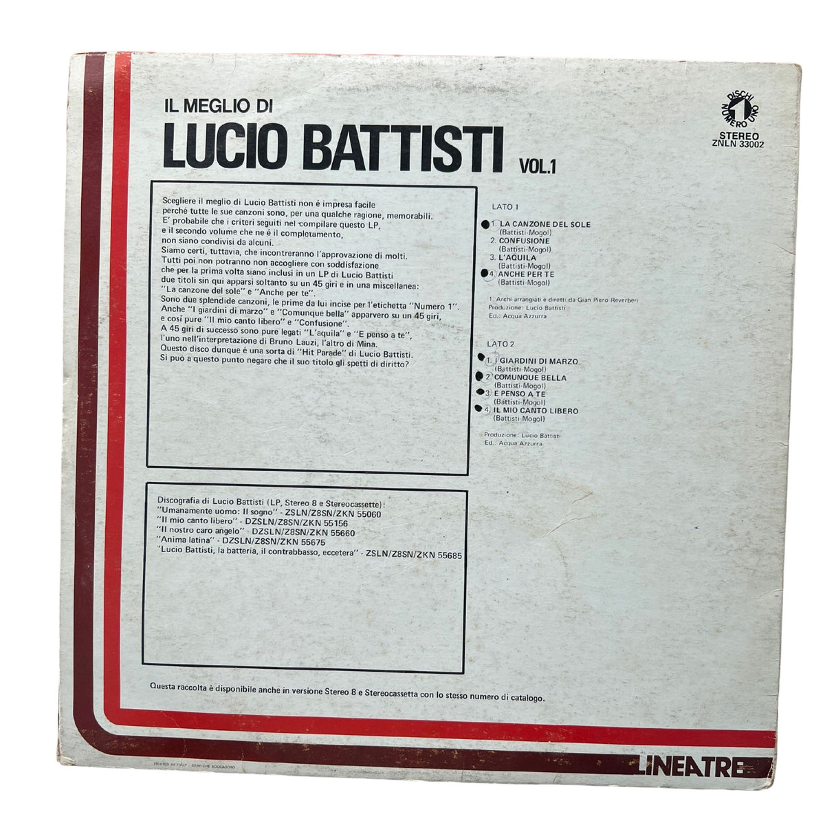 The back cover of a vintage vinyl record sleeve for 'Il Meglio di Lucio Battisti Vol.1' on the Linearetri label, showing track listings and catalog details on a light gray background with red and black borders.