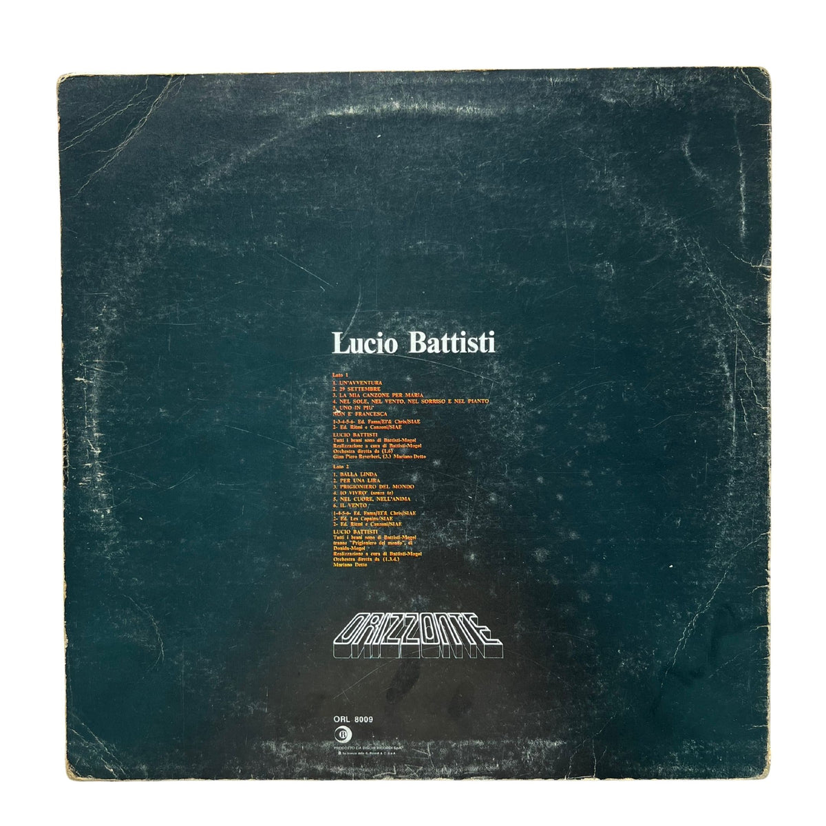 The back cover of a Lucio Battisti Grizlotte vinyl record, featuring a dark teal-green textured background with white and orange text, photographed flat against a white background.