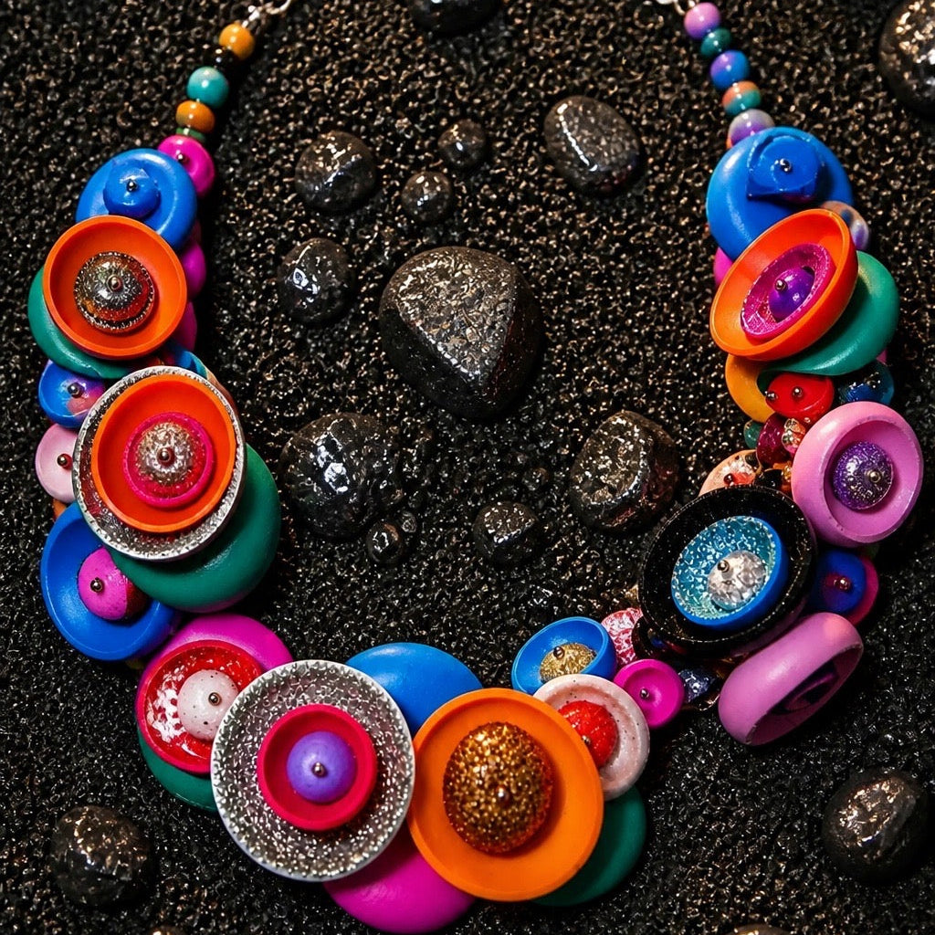 A vibrant statement necklace made of colorful oversized buttons and beads, displayed on a dark textured background of small stones. Populonia jewelry by Silvia Tolomei