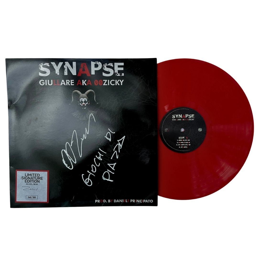 Red vinyl record with a black cover featuring 'Synapse' branding on a white background. SYNAPSE GIULLARE AKA 00ZICKY