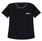 Black t-shirt with a logo on the chest against a white background