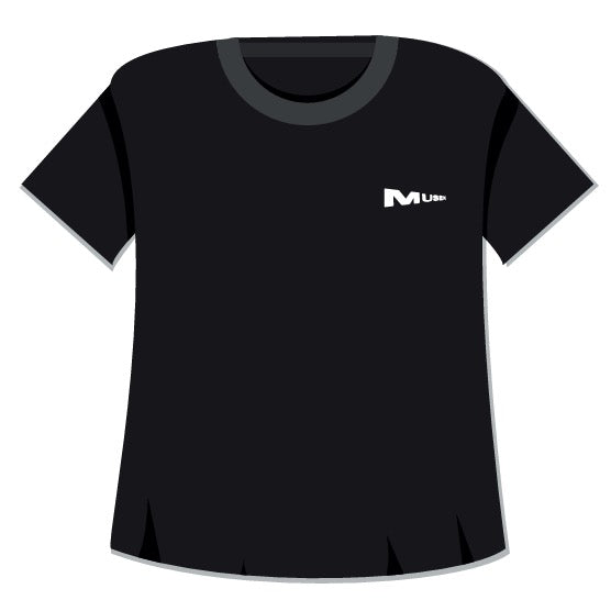 Black t-shirt with a logo on the chest against a white background