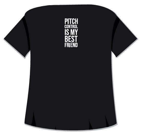 Black t-shirt with 'Pitch Control is My Best Friend' text on the back against a white background