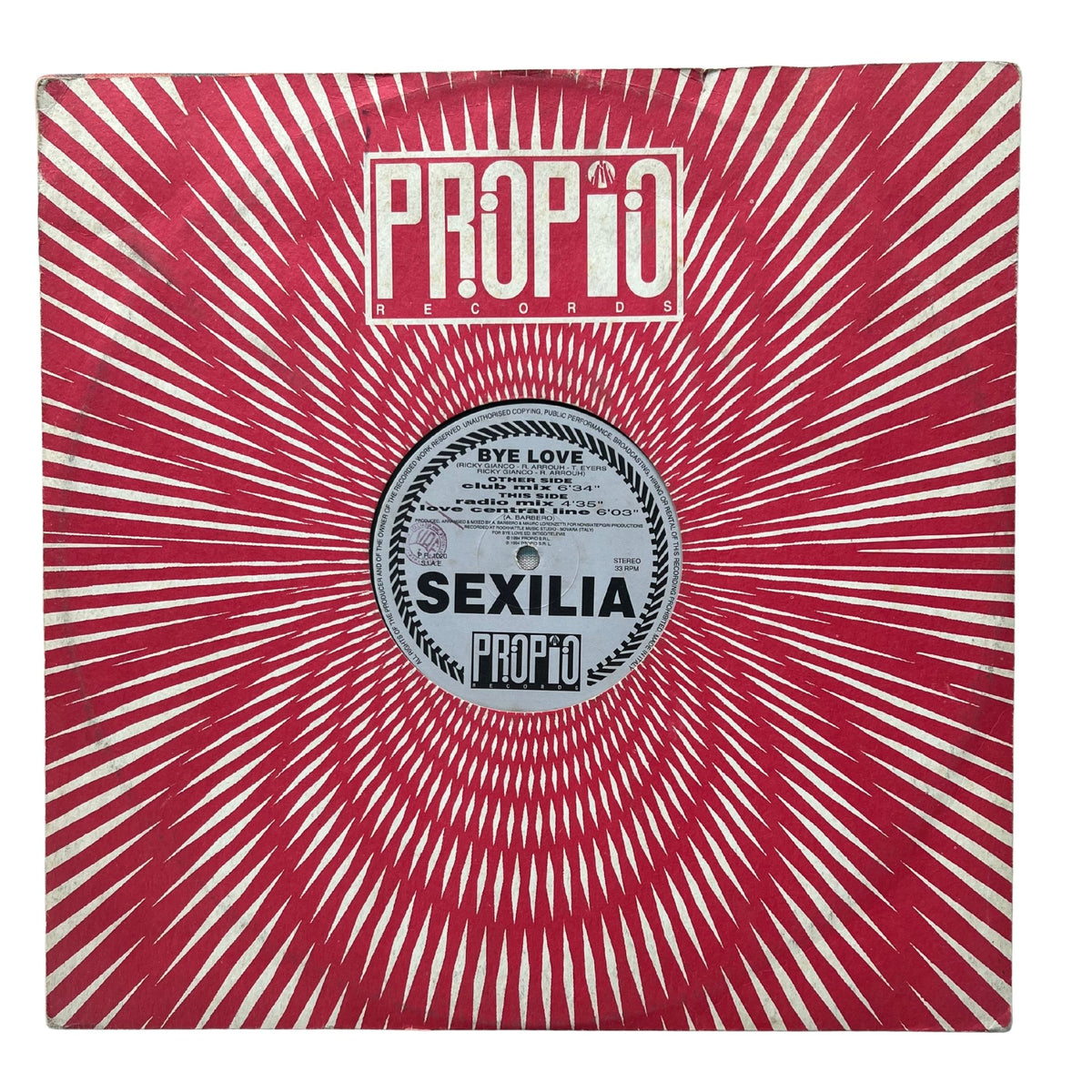 A square vinyl record sleeve or album cover with a red and off-white sunburst pattern, featuring the text 'PROPIO' at the top and 'SEXILIA' in the center label area.
