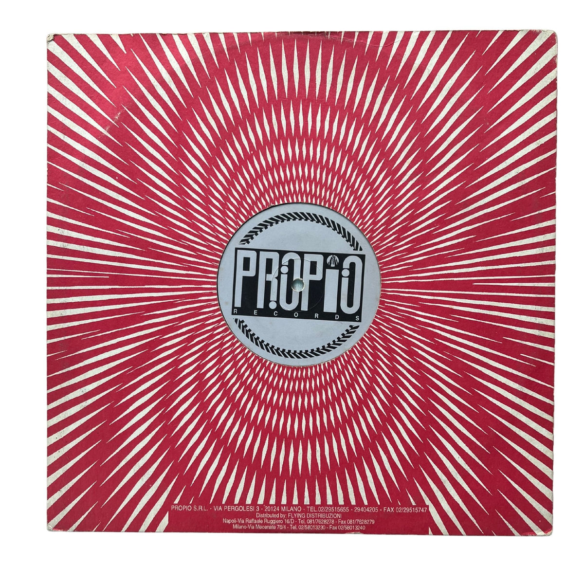 A square album or record sleeve with a red and white sunburst radial pattern and a central circular label reading 'PROPIO'.