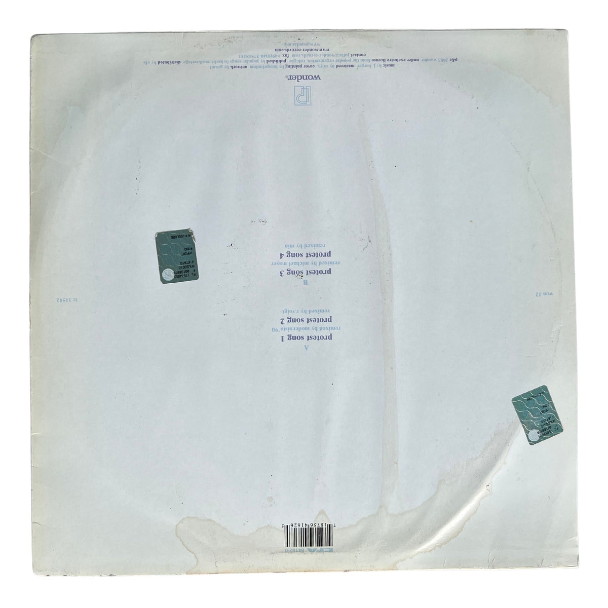 The back cover of a vinyl record sleeve for the band Minor, featuring the tracklist and barcode on a light gray background with two small green stickers.