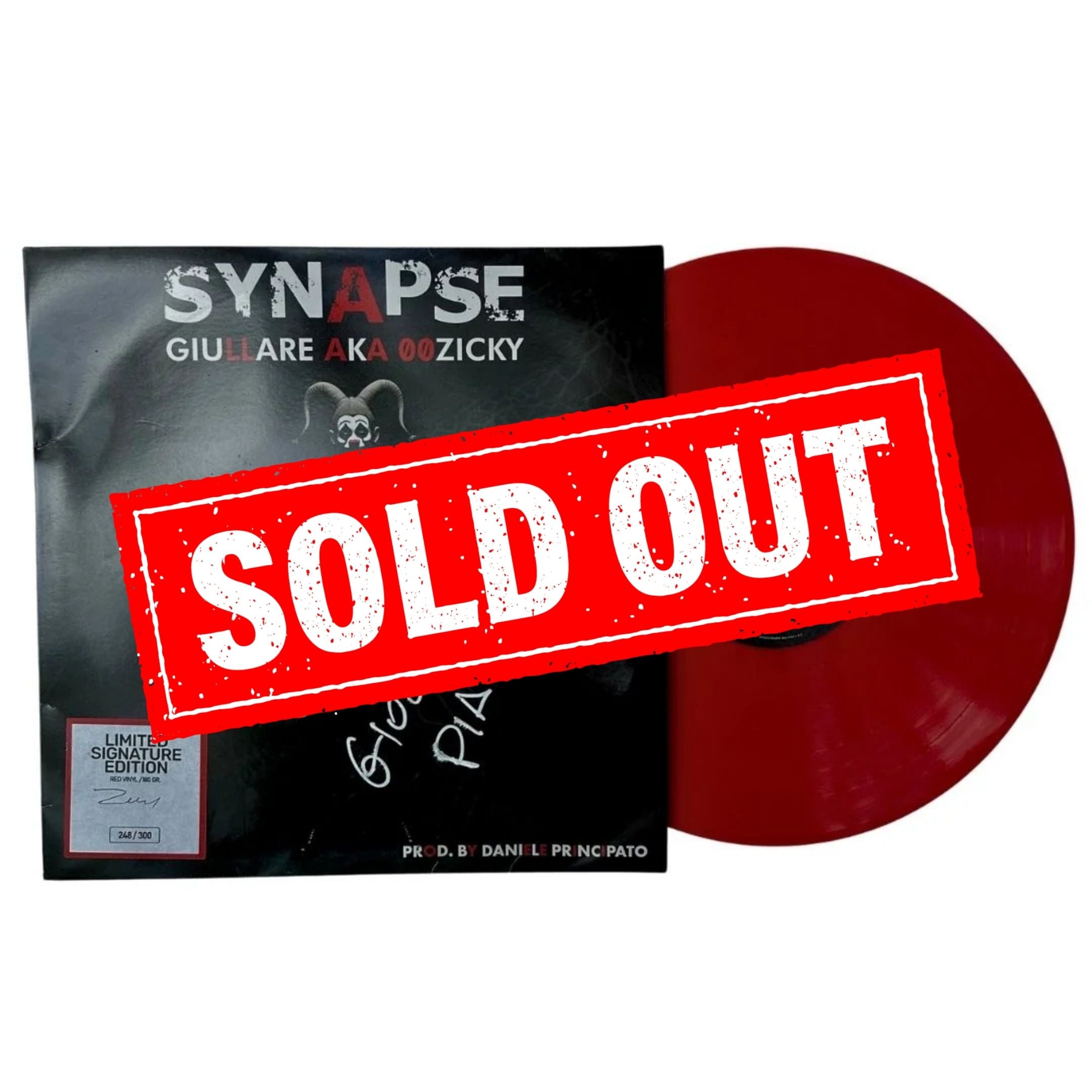 A vinyl record partially visible behind its black sleeve, with a large red 'SOLD OUT' stamp overlaying the front. The sleeve reads 'SYNAPSE' and 'GIULLARE AKA G.