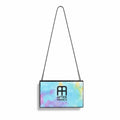 A rectangular handbag with a colorful pastel watercolor pattern in shades of blue, pink, and yellow, featuring a black chain strap and the After Franco logo printed on the front.