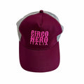 Maroon and gray cap with 'Circo Nero Italia' text on a white background