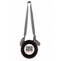 A circular black leather crossbody bag designed like a baseball, featuring red stitching details, a white center with the text 'CIRCO NERO ITALIA' in black and red, and a gray patterned shoulder strap.