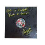 A square black collectible display plaque or box featuring the text 'PER IL PROGETTO "GLOCI DI PIAZZA"' in yellow, a circular colorful central emblem, black cannabis leaf motifs, and a yellow signature reading 'Nees' on a white background. FABIO NEURAL & DJ FRONTER – DING DONG EP