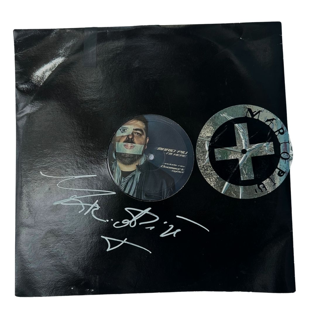 Black album cover with circular portrait and logo. Mario Più signed "I'm Here" Vinyl Record