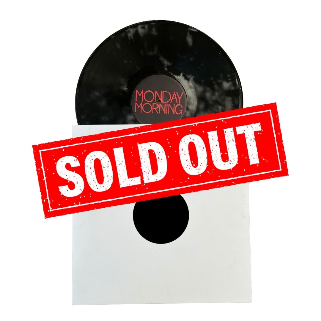 A vinyl record partially visible behind a white sleeve or box, with a large red distressed 'SOLD OUT' stamp overlay across the front. The record label reads 'MONDAY MORNING'.