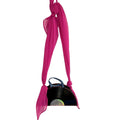 A bright pink sheer scarf-style shoulder bag with a knotted top and long draped straps, shown against a plain white background.