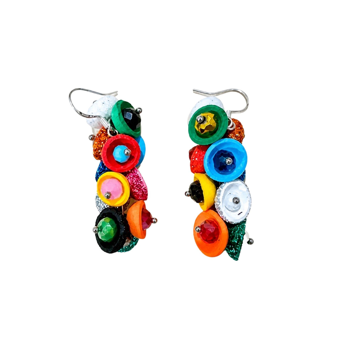 A pair of handmade dangle earrings made from colorful, glossy bottle caps and small beads on silver fishhook wires, shown against a plain white background. populonia